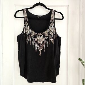 Express Sequin Tank Top, Black Top  & Metallic Embellishments, Size L